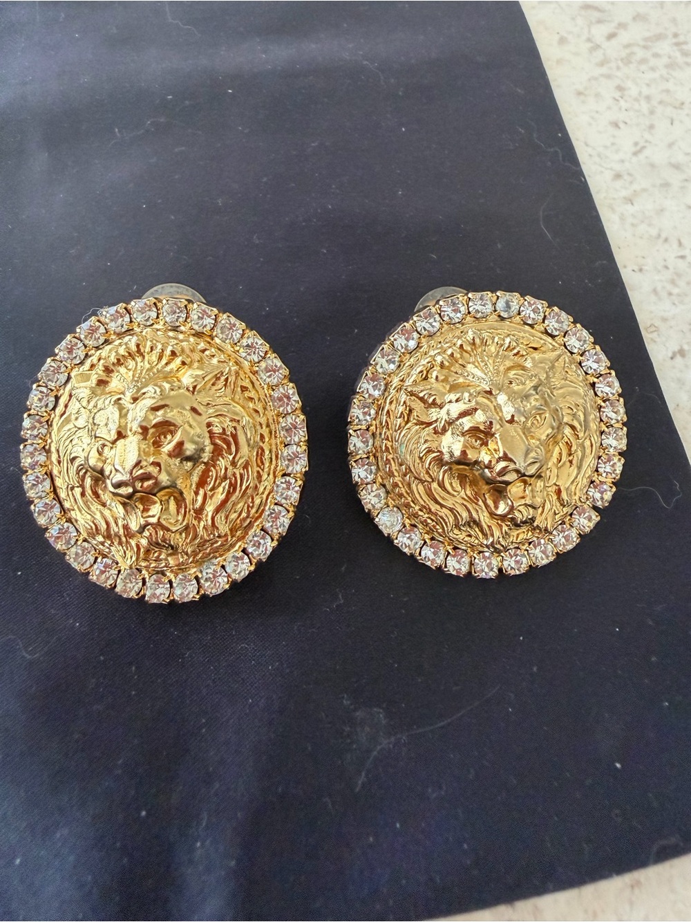 Gold Lion Head Crystal Clip-On Earrings